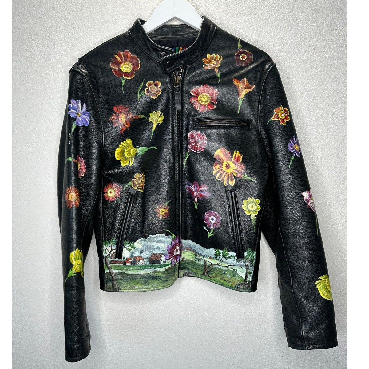 Libertine Hand-Painted Floral Skull Black Leather Moto Jacket M