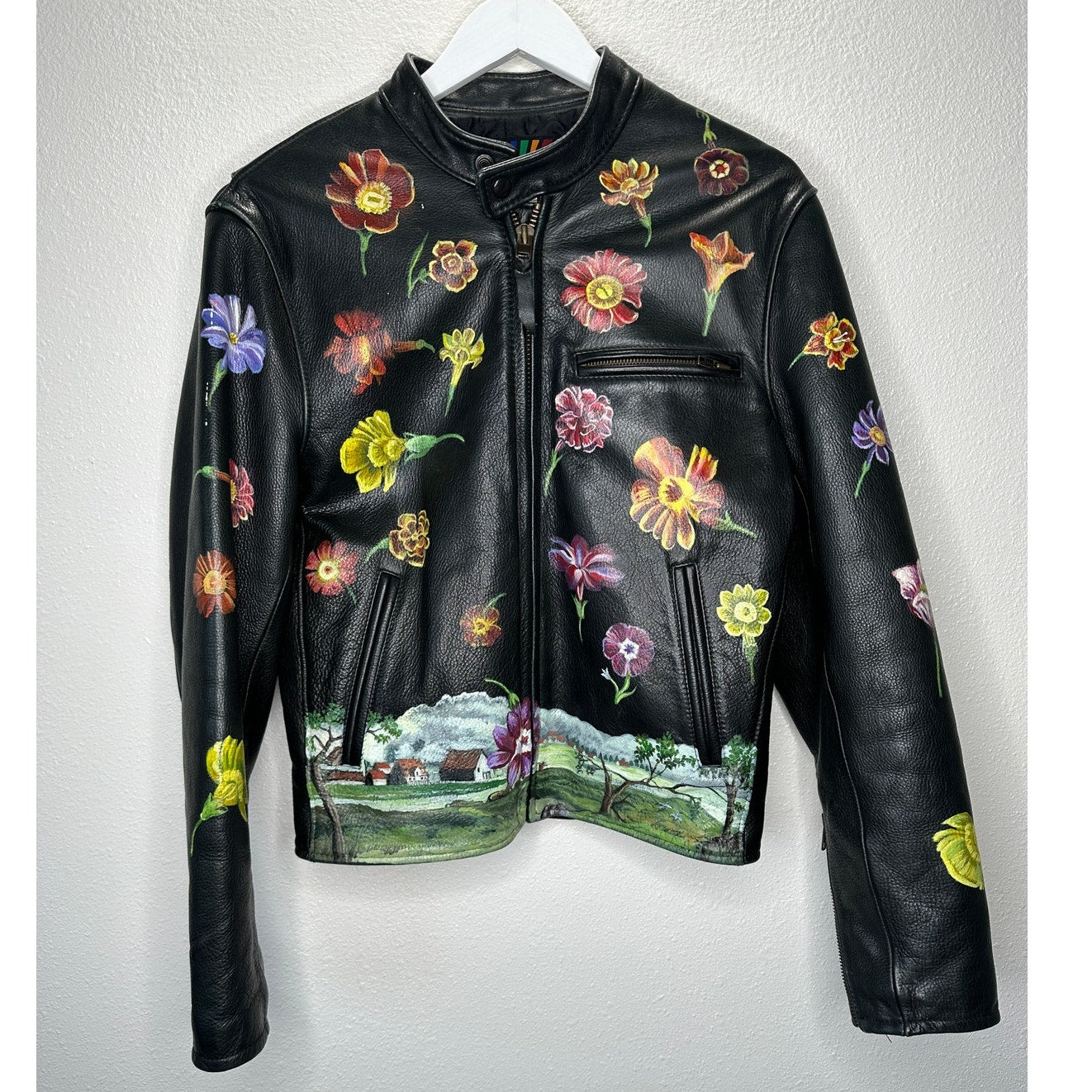 Libertine Hand-Painted Floral Skull Black Leather Moto Jacket M