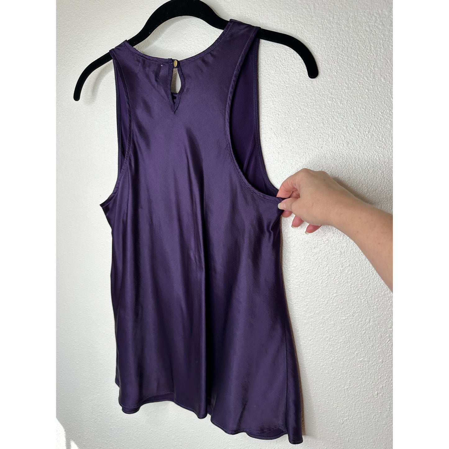 Nation Dark Purple Satin Mock Neck Sleeveless Keyhole Back Blouse S