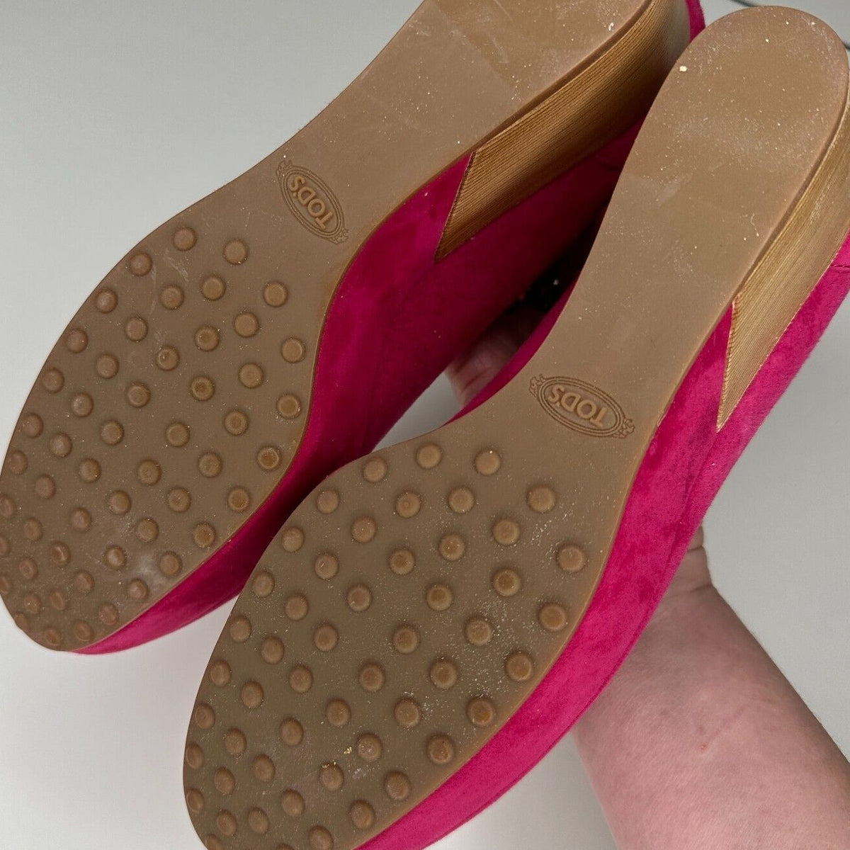 Tod's Deep Pink Suede Ankle Strap Ballerina Style Round Toe Wedge Shoes 38 / 8