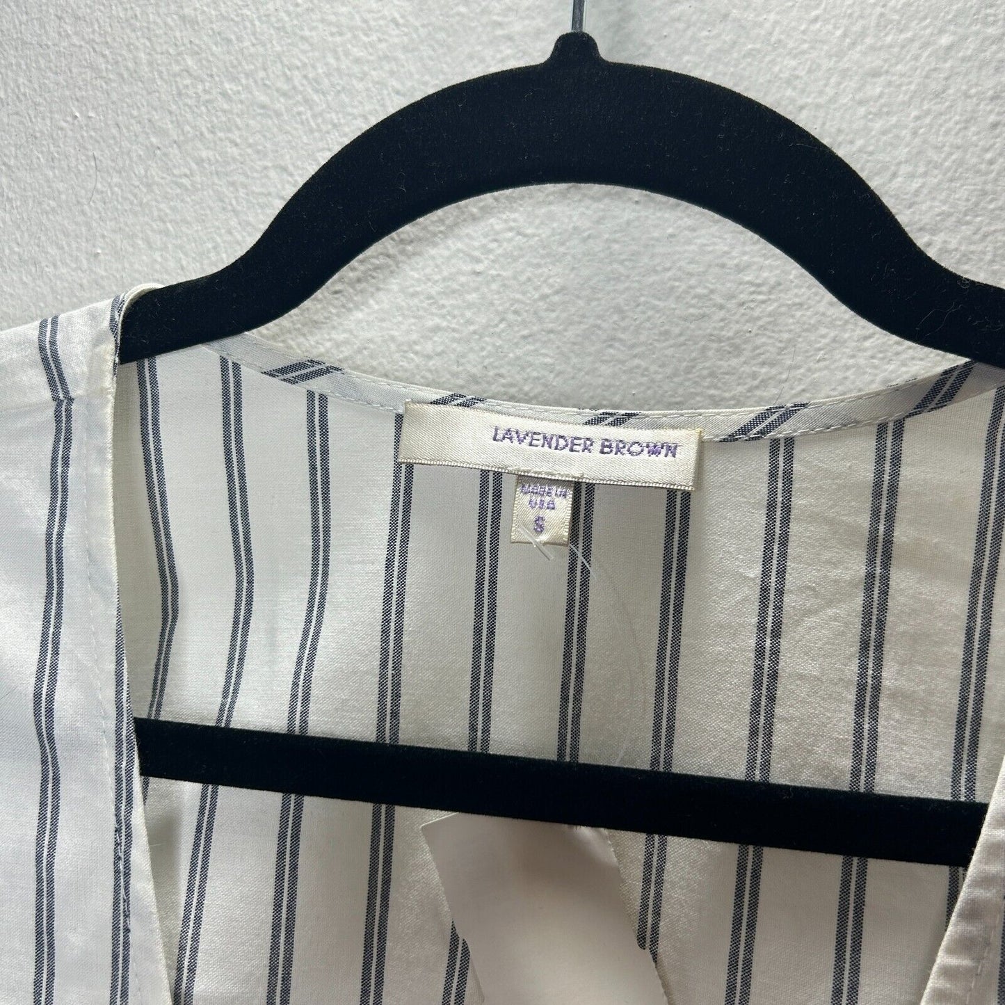 NWT Lavender Brown White and Blue Pinstripe Short Sleeve Ruffle Hem Wrap Dress S