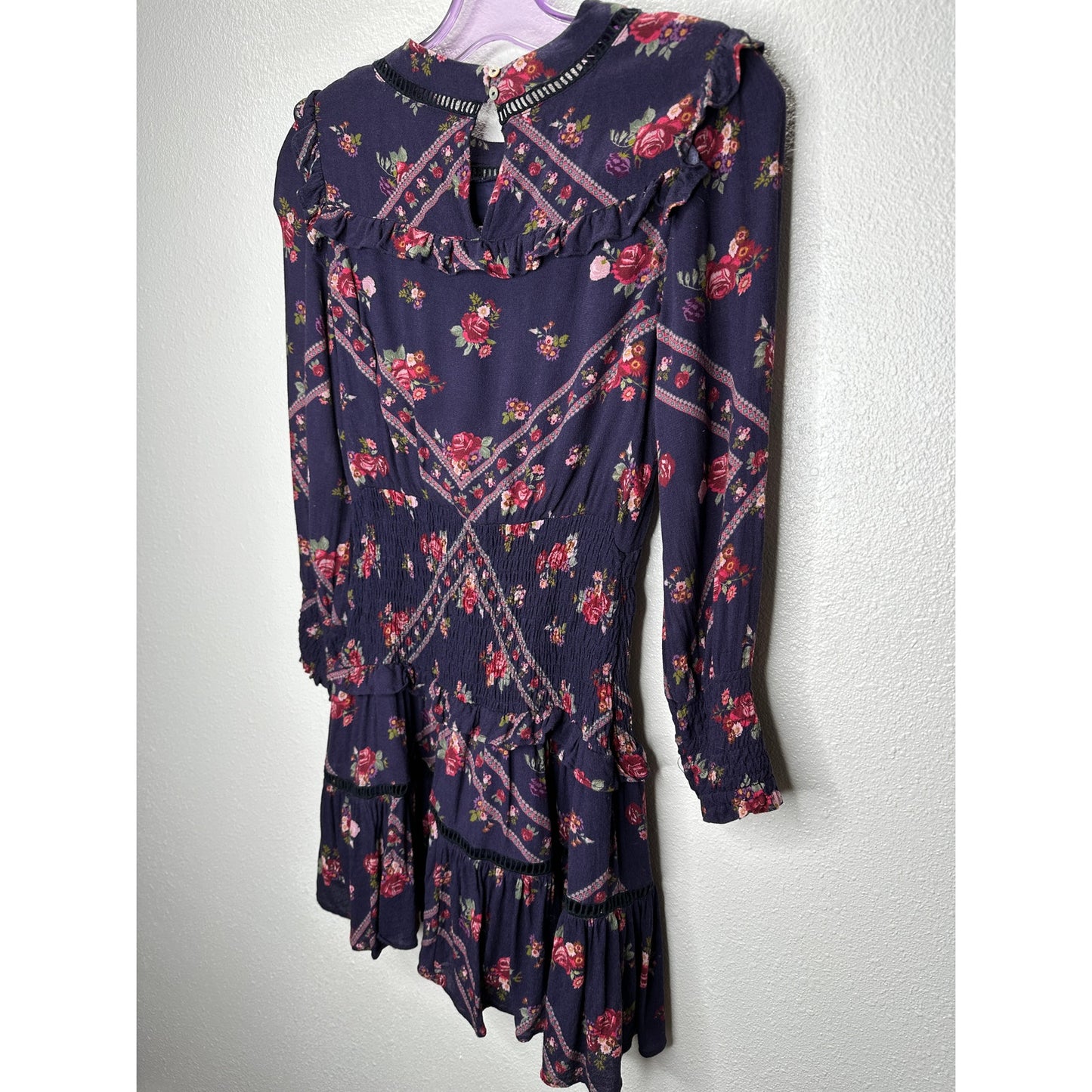 Rahi Cali Purple Multi Color Floral Print 3/4 Sleeve Ruffle Mini Dress XS