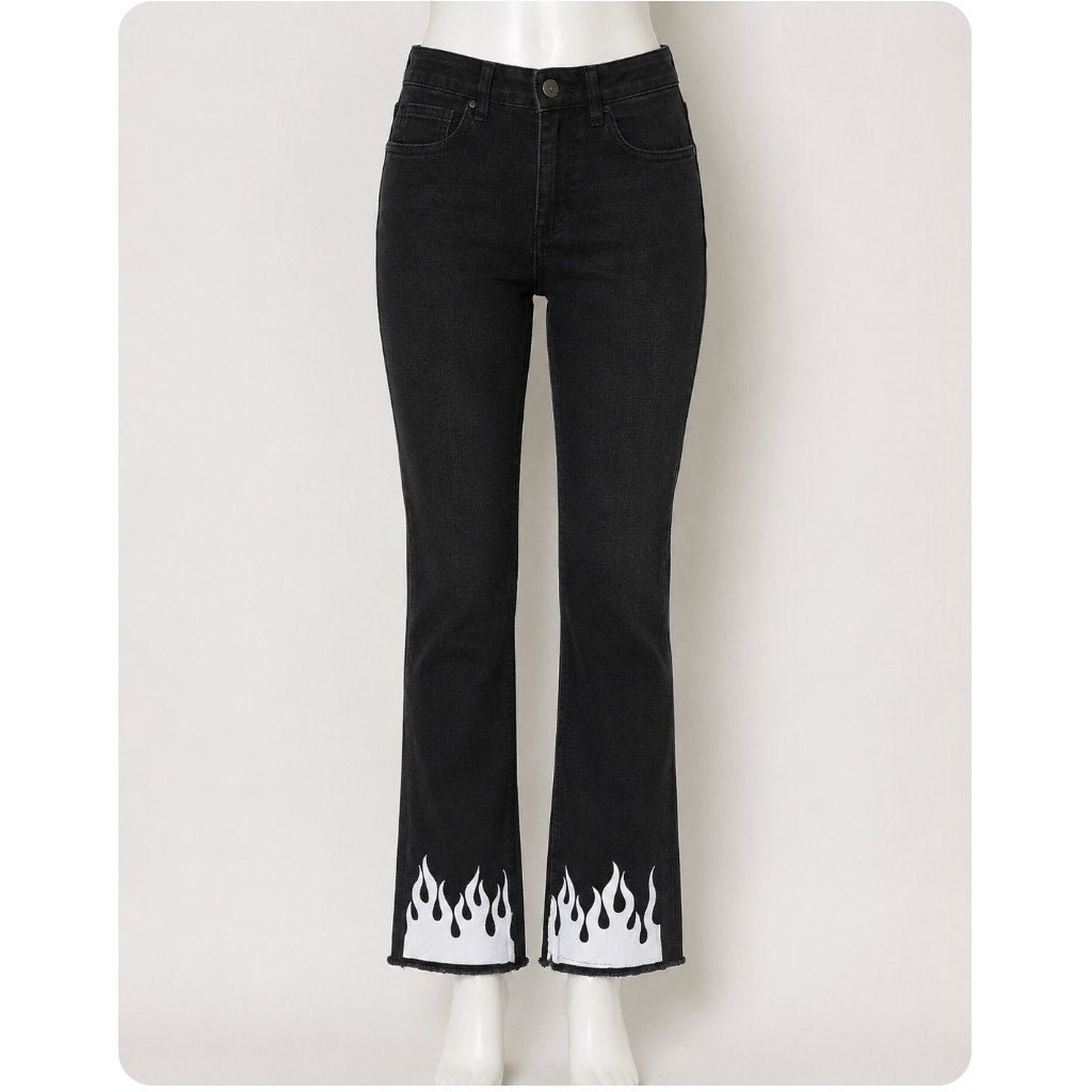 NWT Subdued Black Crop Flare Button Fly Raw Hem Front and Pocket White Flames 26
