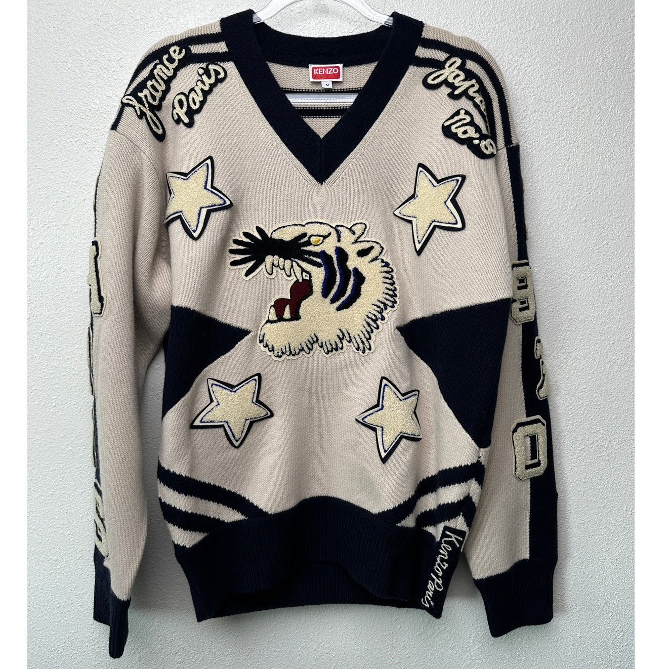 KENZO Paris Tiger Graphic V-Neck Sweater Off White Navy Size M