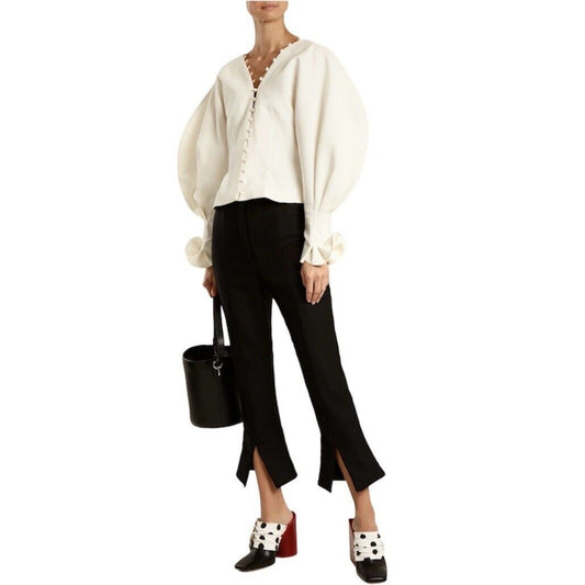 Cream V-Neck Loop & Button Front Balloon Pleated Cuff Sleeve Crop Blouse Med