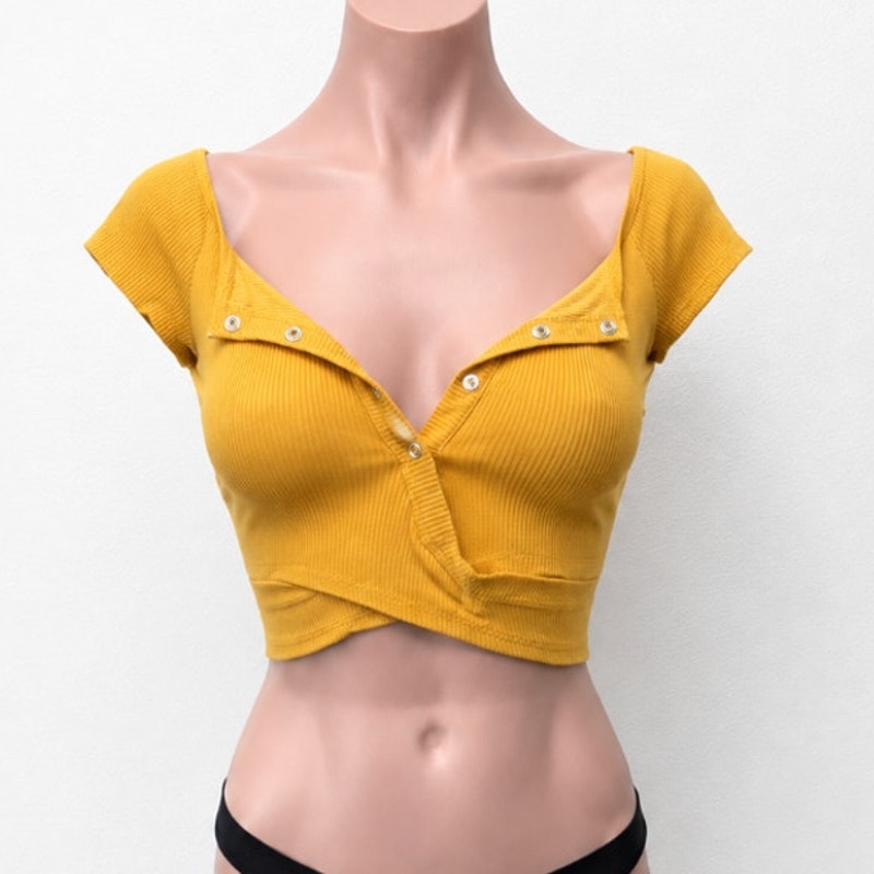 Mustard Take It Or Leave It Off Shoulder Crop SnapTop XS