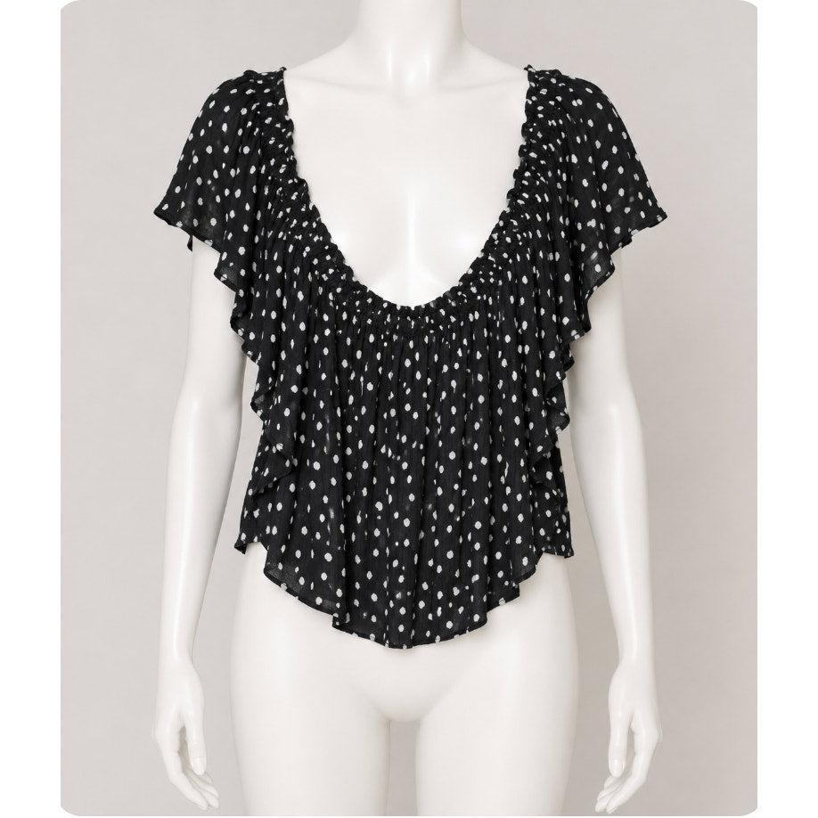 Revolve NBD Cute Black & White Polka Dot Off-Shoulder Ruffled Crop Top Blouse L