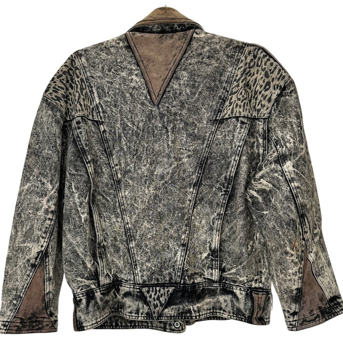Winlit Vintage Tan Black Suede & Denim Acid Wash Animal Print Biker Jacket S