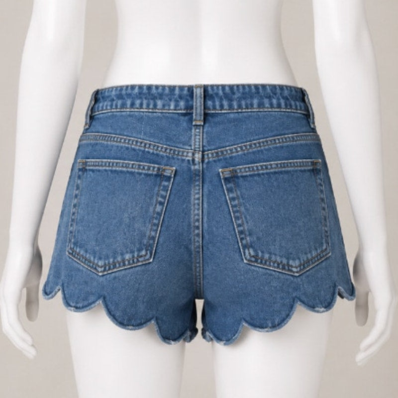 H&M Cute Blue 5 Pocket High Waist Shorts Zip Fly Button Close Scalloped Hem 6