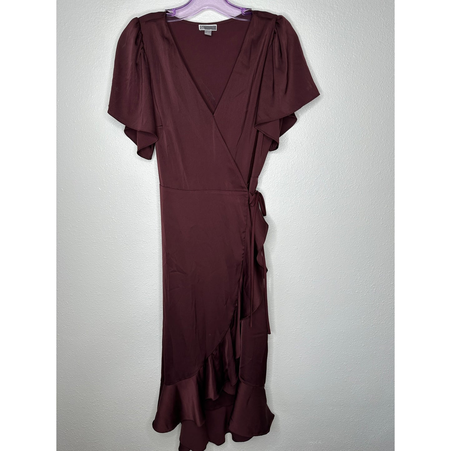 Chelsea28 Burgundy Maroon Flutter Sleeve Ruffle V-Neck Wrap Dress S