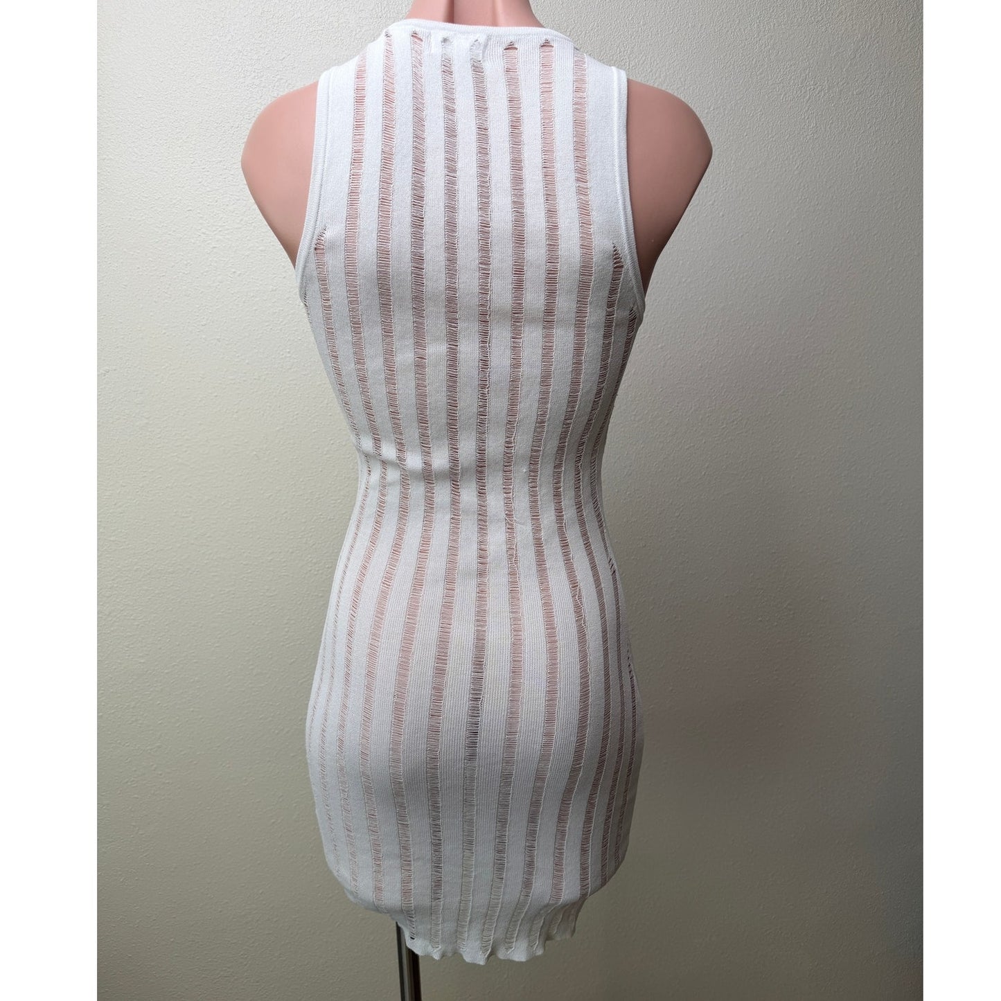 Superdown White Distressed Stripe Knit Sleeveless Cover Up Dress XS