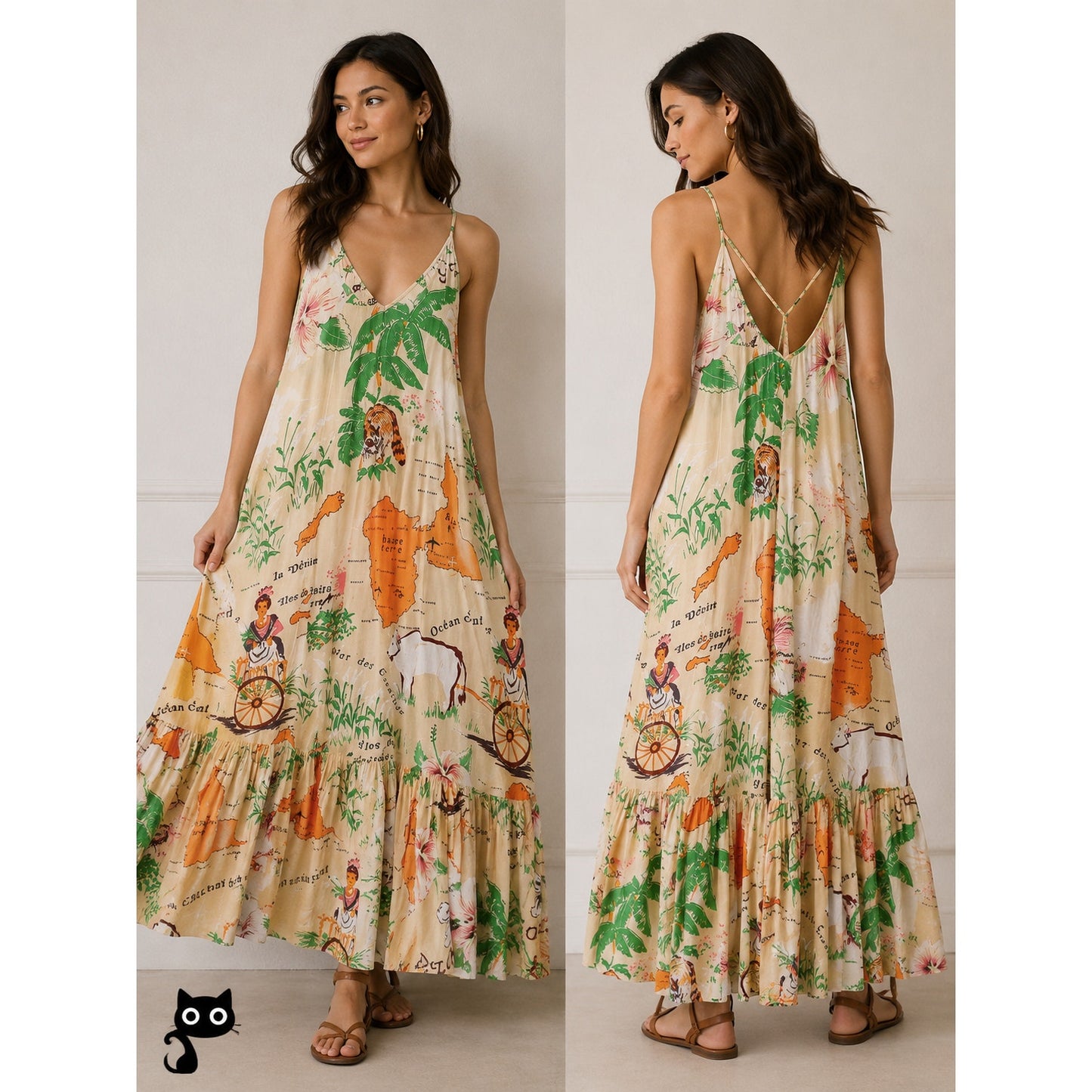 UO Sunkissed Printed Poplin Tropical Floral Flowy Pleated Ruffle Maxi Sundress M