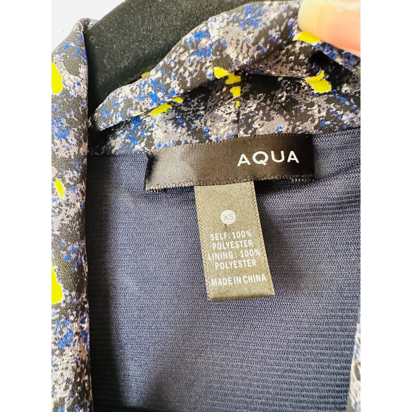 Aqua Florescent Yellow Blue Gray Print Faux Wrap Dress XS