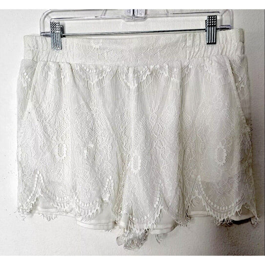 S.Y.L.K. Ivory Sheer Lace Raw Hem Elastic Waistband Lined Short Shorts L