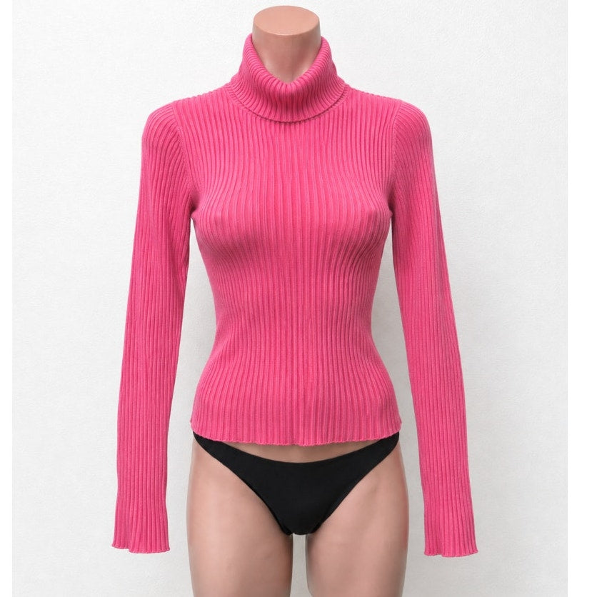 525 American Pink Form Fitting Ribbed Knit Long Sleeve Turtleneck Top Small