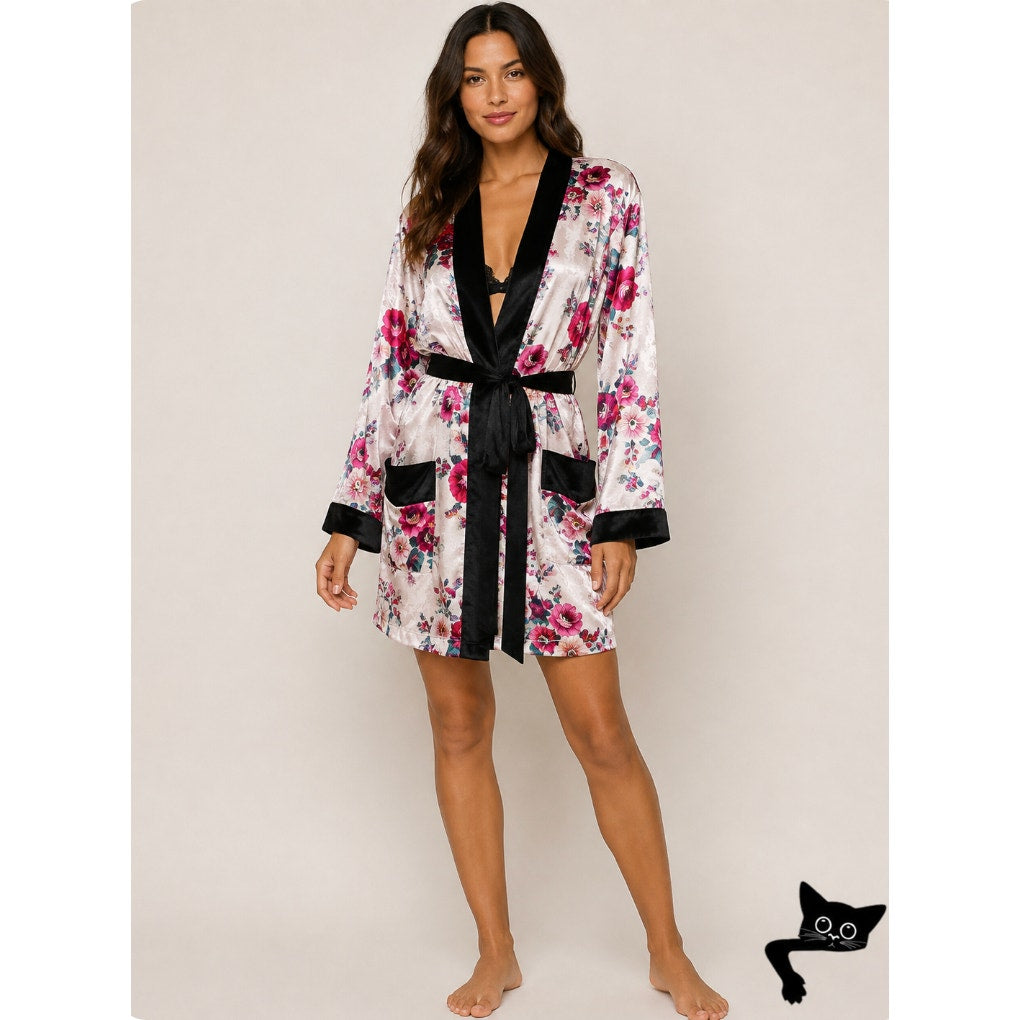 Free People Intimately Pale Pink Cream Multicolor Floral Asian Kimono Bathrobe XS
