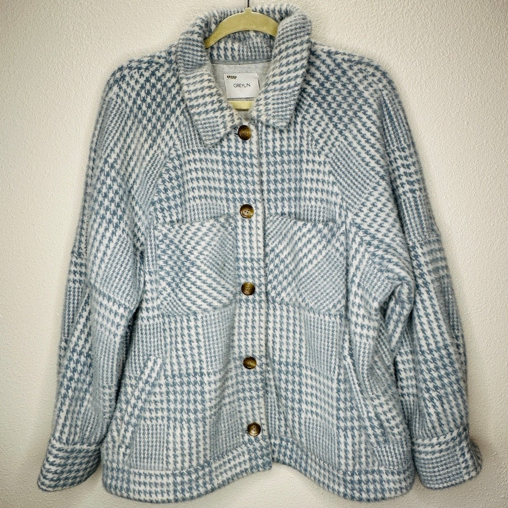 Greylin Blue & White Houndstooth Check Plaid Button Front Collared Jacket L