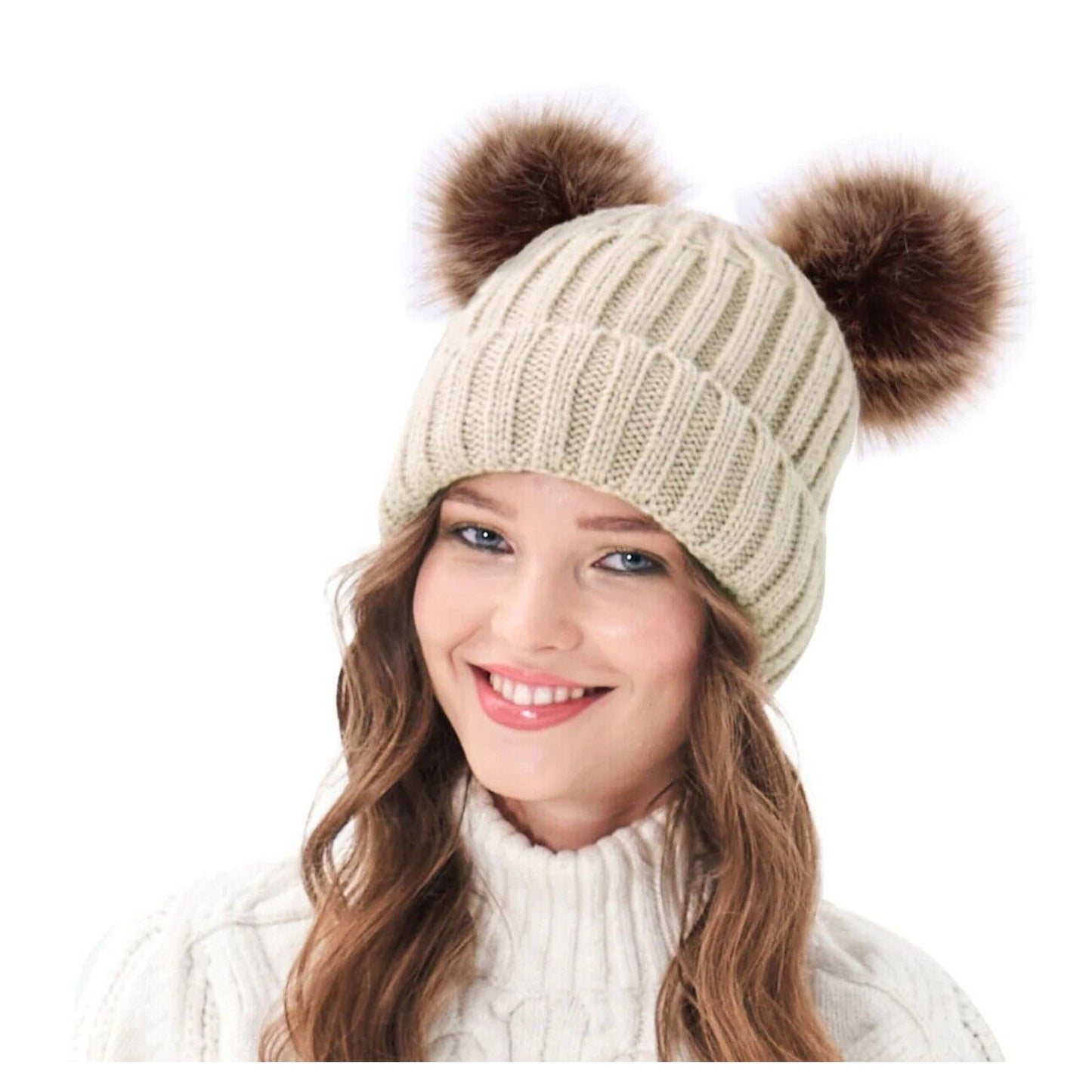 Arctic Paw Tan Cream Lined Thick Cable Knit Beanie 2 Brown Faux Fur Pom Poms OS