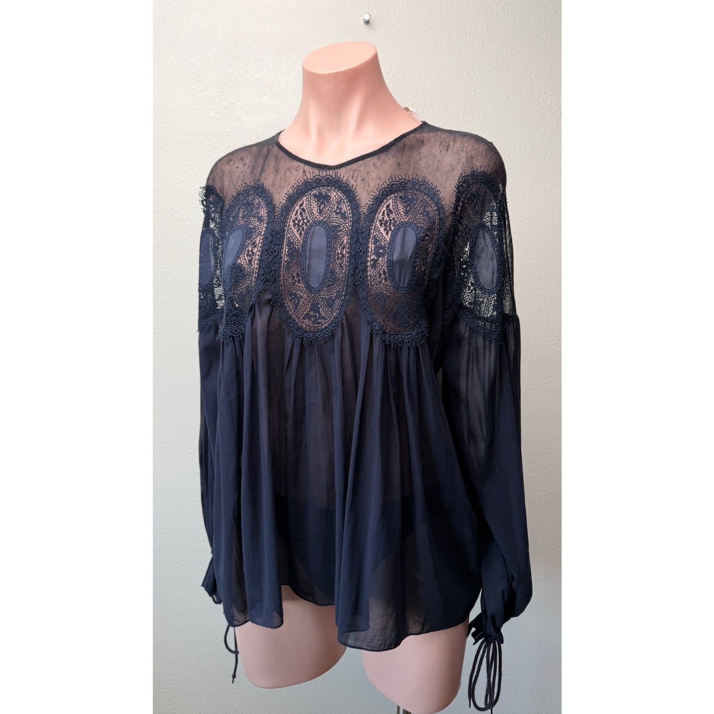 Chloe Womens Navy Lace Mesh Babydoll Blouse US 6