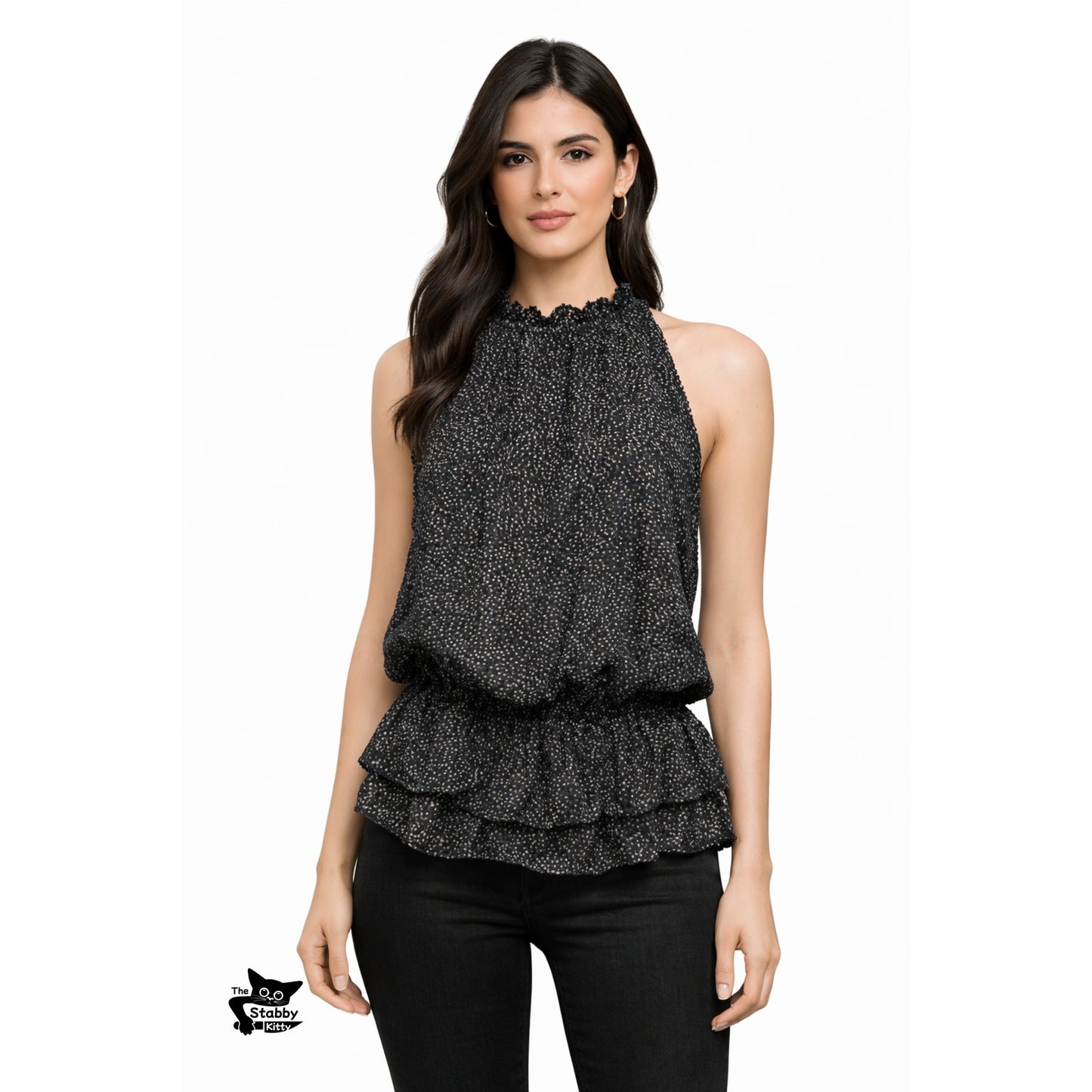 Ramy Brook Black Polka Dot Sleeveless Ruffle Blouse XS
