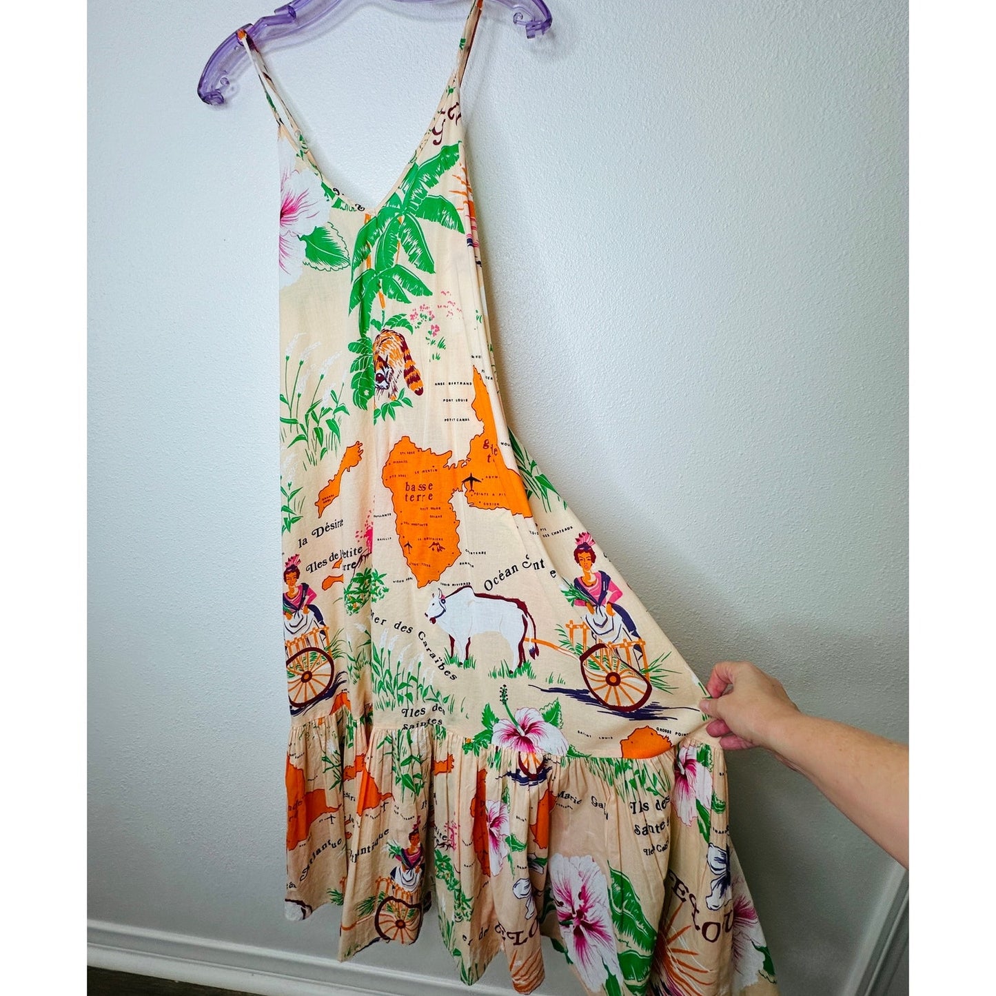 UO Sunkissed Printed Poplin Tropical Floral Flowy Pleated Ruffle Maxi Sundress M