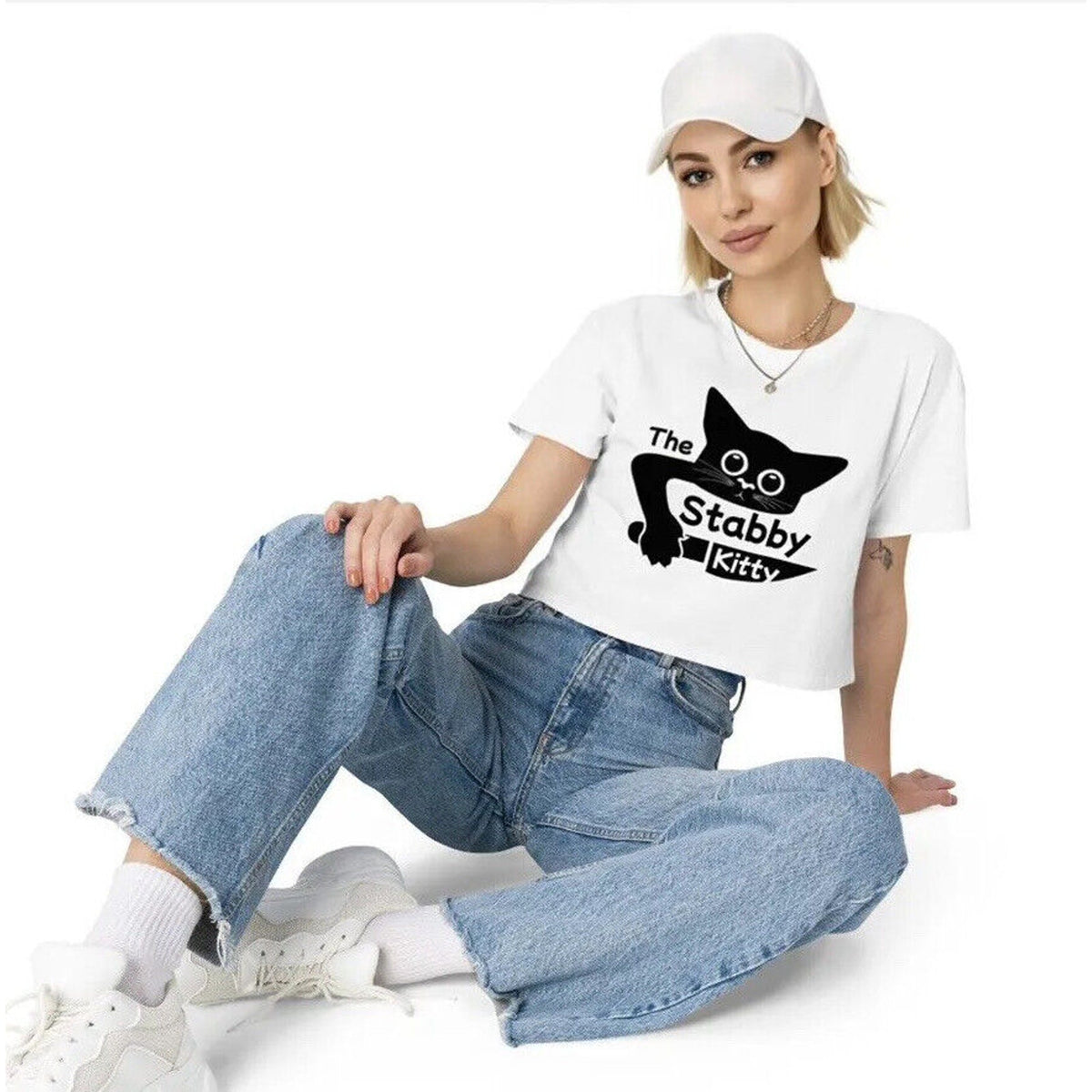 The Stabby Kitty® Soft Cotton White Black Logo Relaxed Drop Shoulder Crop L