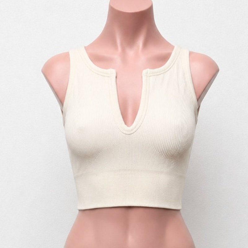 Cream Ribbed Knit Cut Front V-Neck Soft Sports Bra Crop Top No Inserts Medium