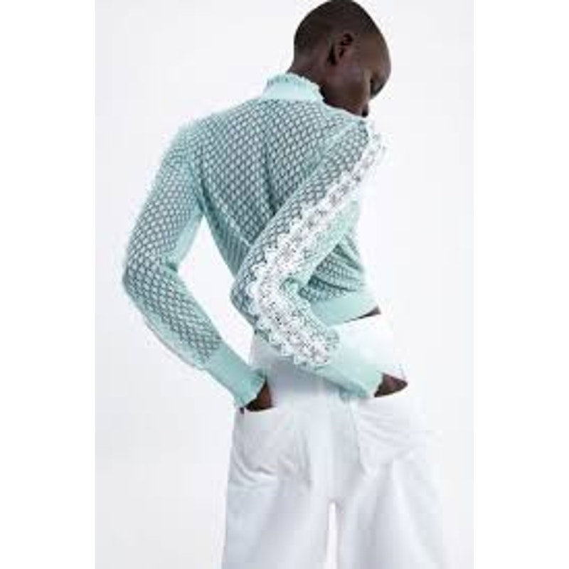 ZARA Aqua Crochet Knit White Lace Stripe Ruffle Neck  Crop Sweater S