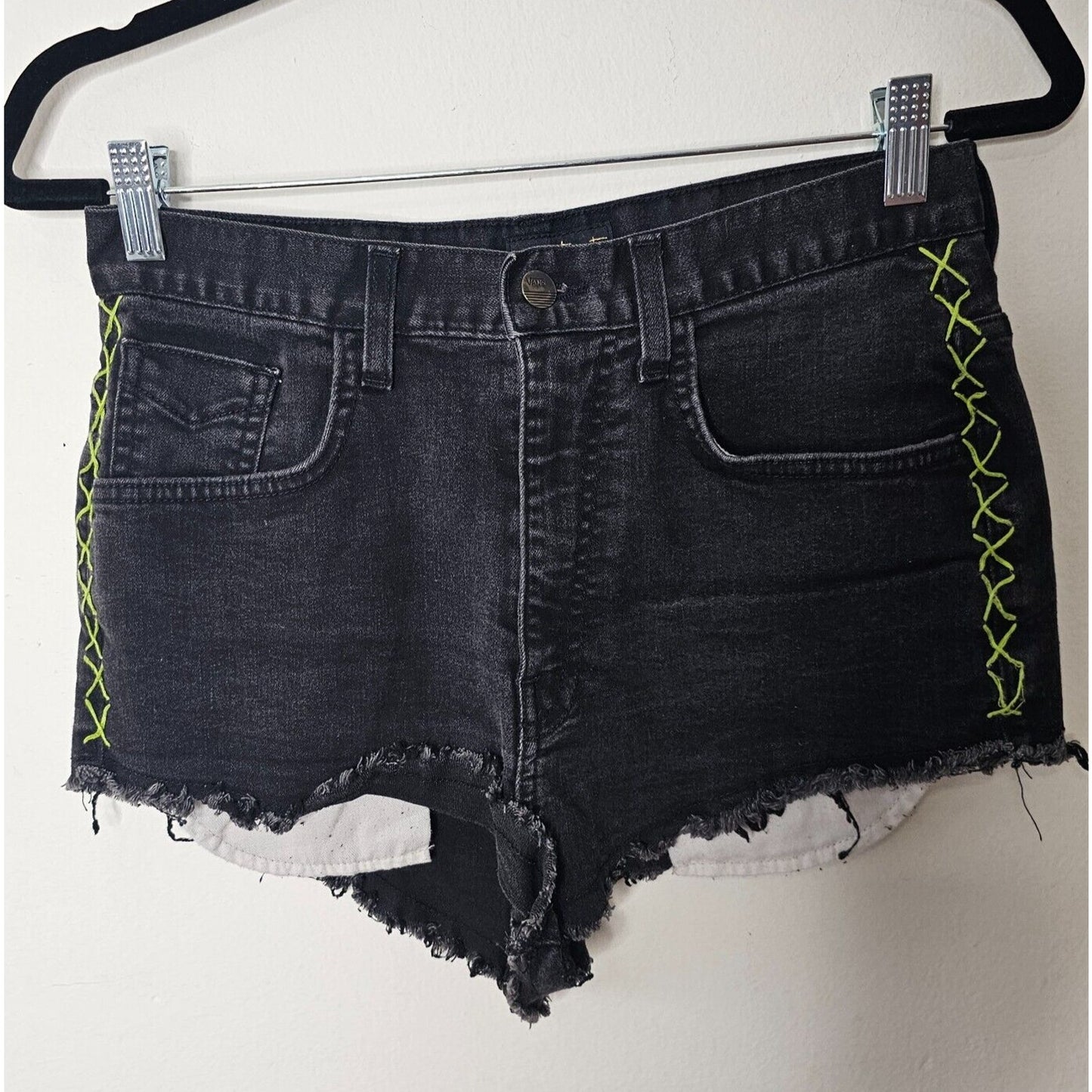 Vans Jesse Jo Black Distressed Raw Hem High Waist Short Lime-Green Side Stitch 9