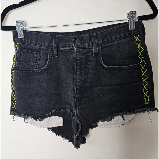Vans Jesse Jo Black Distressed Raw Hem High Waist Short Lime-Green Side Stitch 9