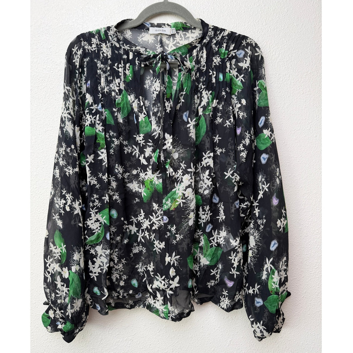 Isolda Silk Floral Tie Neck Sheer Blouse Black Green Women's US M