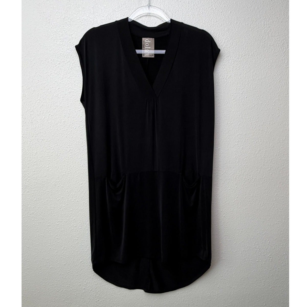 Dolan Left Coast Black Cupro V Neck Hi Low Pocket Dress XS