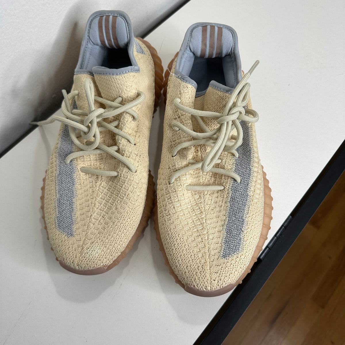 Yeezy x Adidas Boost 350 Tan & Blue Linen Fabric Sneakers Shoes 8.5
