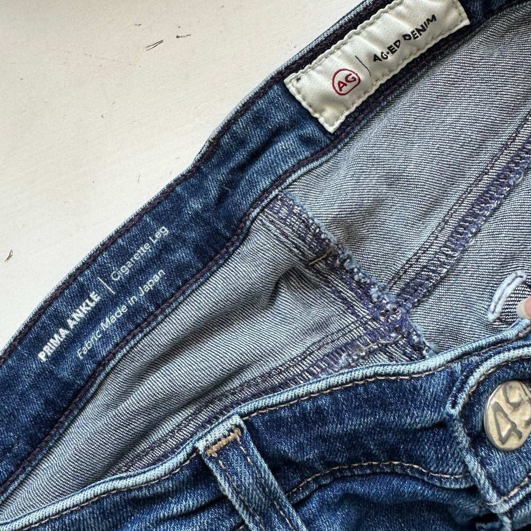 AG Medium Dark Wash The Prima Ankle Cigarette Leg Raw Hem Jeans 30