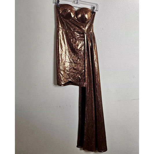 Bronze Gold Metallic Sweetheart Neck Sleeveless Bodycon Mini Long Sash Dress SM