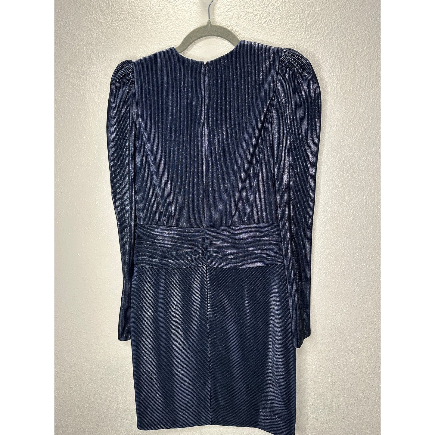 NWT Jonathan Simkhai Navy Metallic Striped Puff Shoulder Tie Waist Dress 2