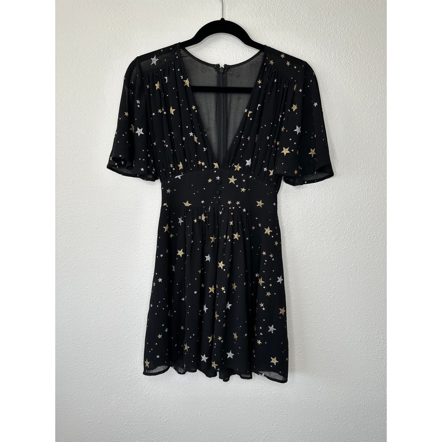 Privacy Please Ford Black Metallic Gold Silver Star Deep V Short Sleeve Dress XS