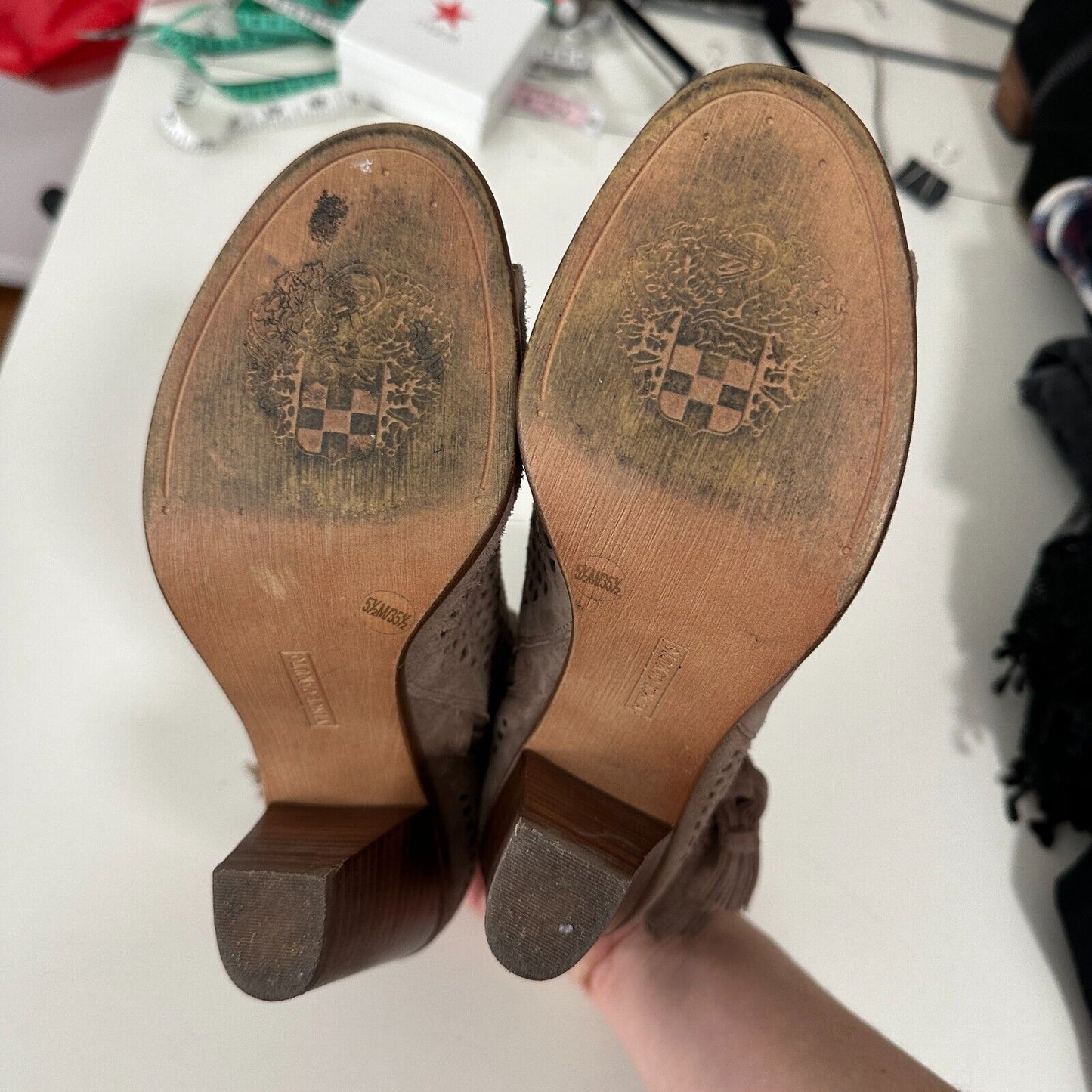 Vince Camuto Kamey Tan Taupe Suede Laser Cut Open Toe Tie Tassel Zip Booties 5.5