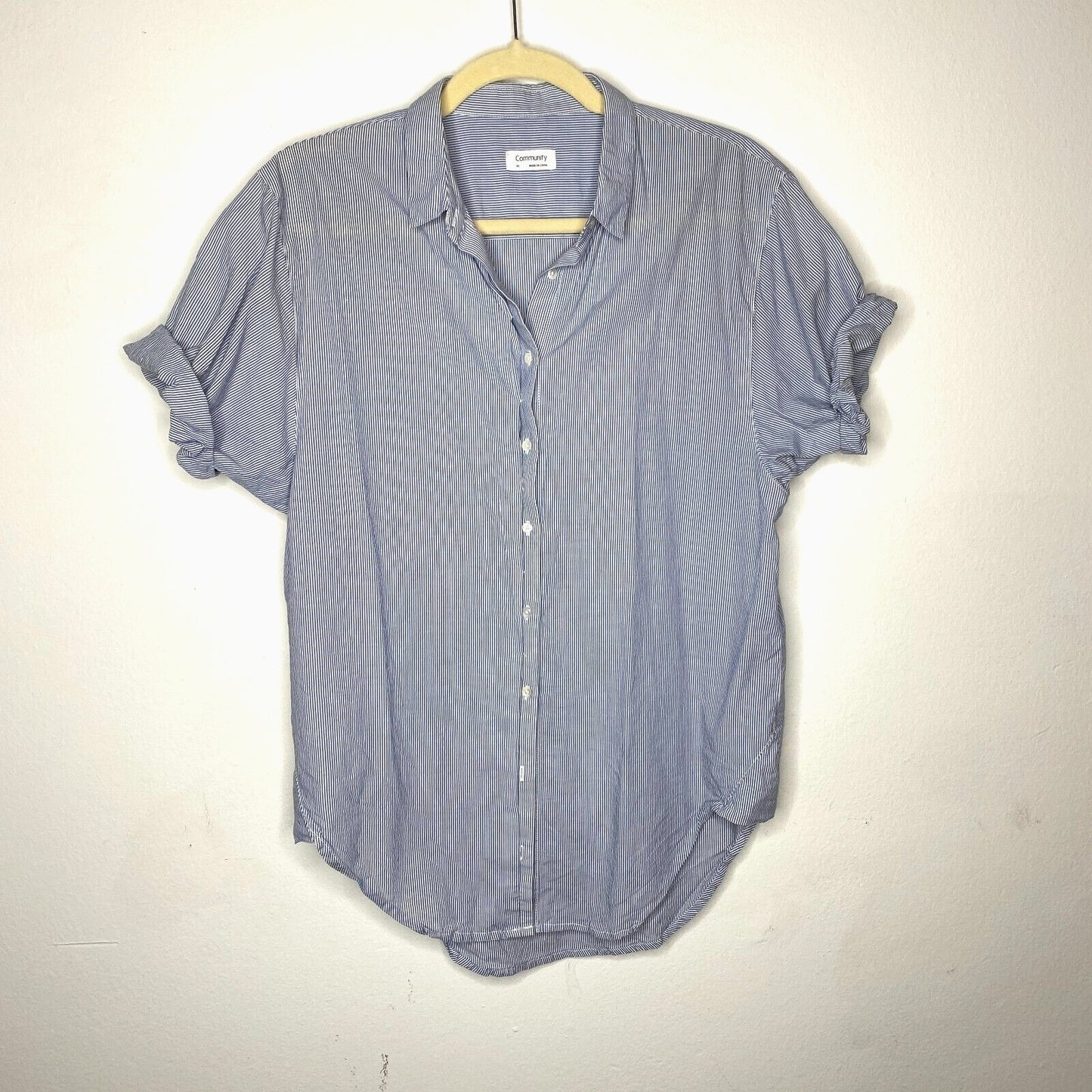 Aritzia Community Blue and White Pin Stripe The Jane Short Sleeve Button Shirt