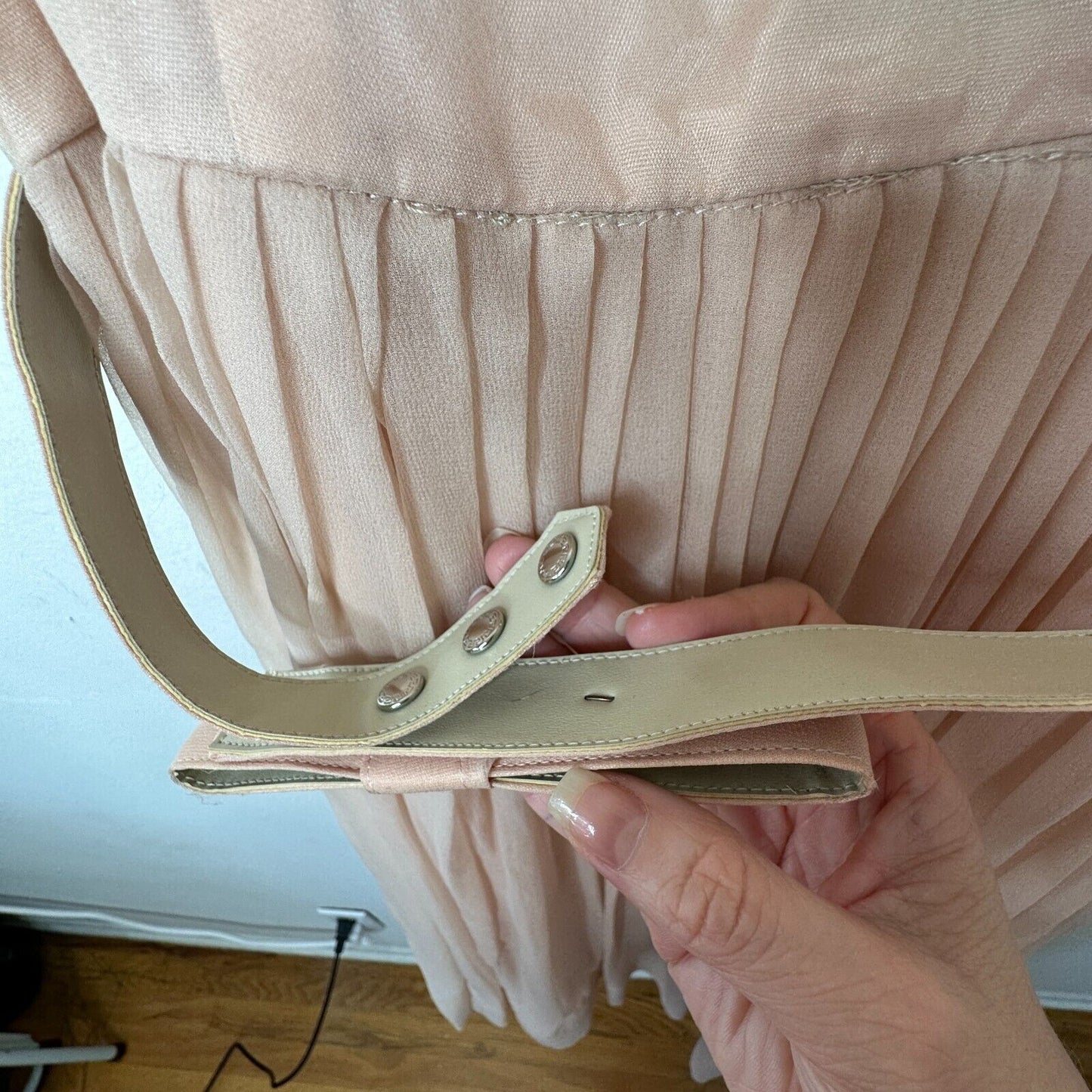 Vintage Size 15 Peach Chiffon Pleated Belted Sleeveless Dress Drape Neck BackZip
