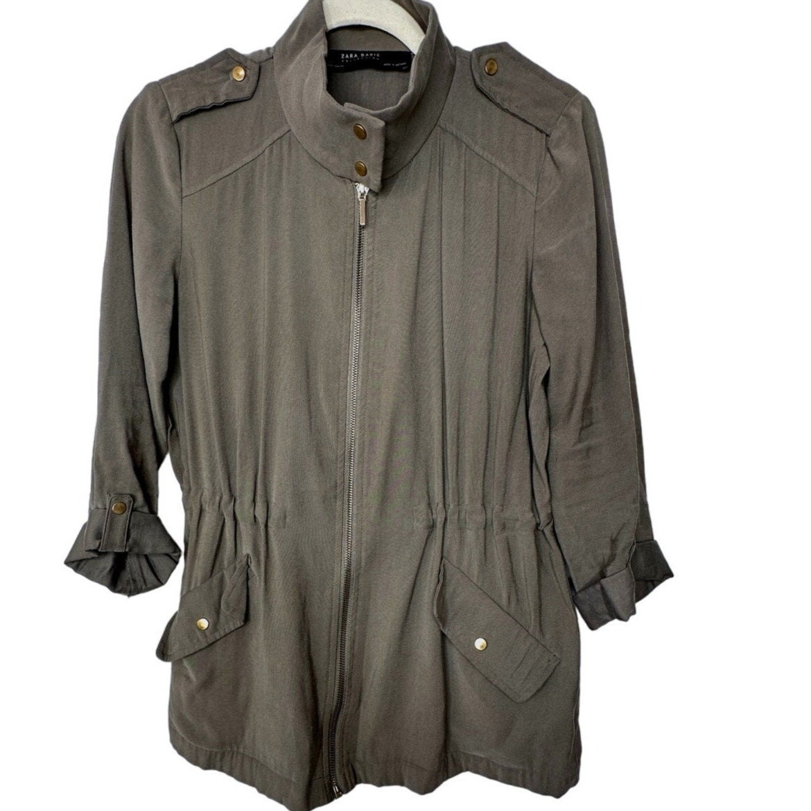 Zara Olive Green 3/4 Cuffed Sleeve Collared Zip Cinch Waist Jacket XS