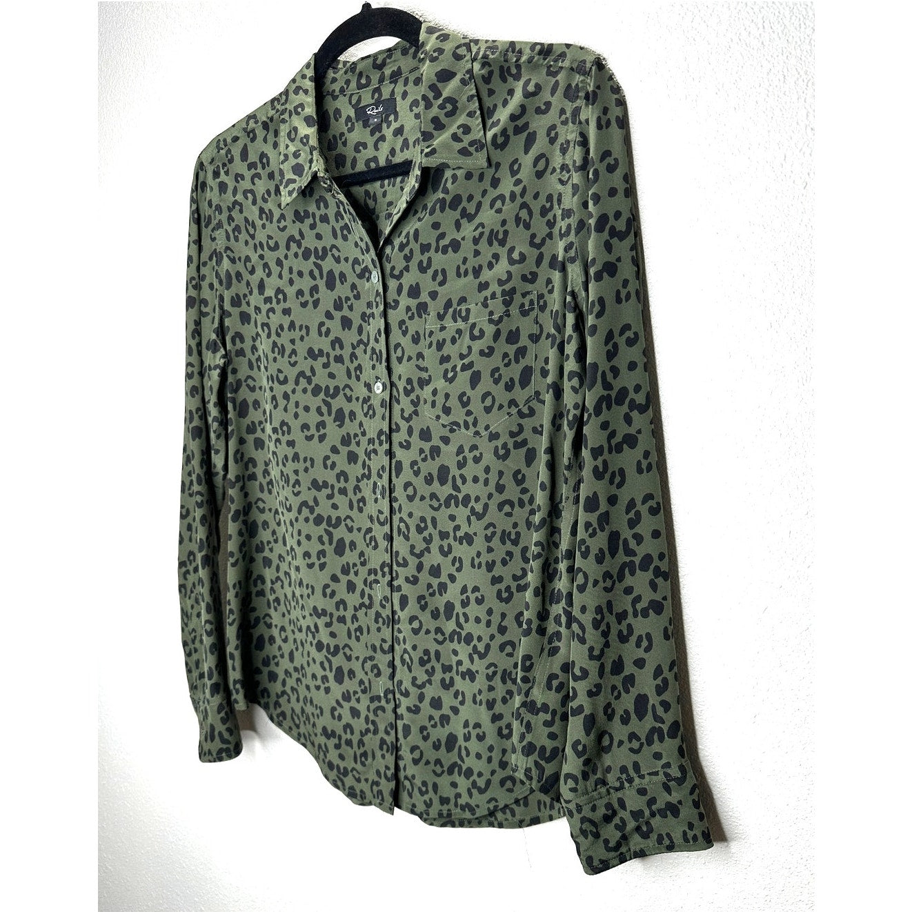 Rails Kate Olive Cheetah Print Long Sleeve Button Down Silk Blouse S