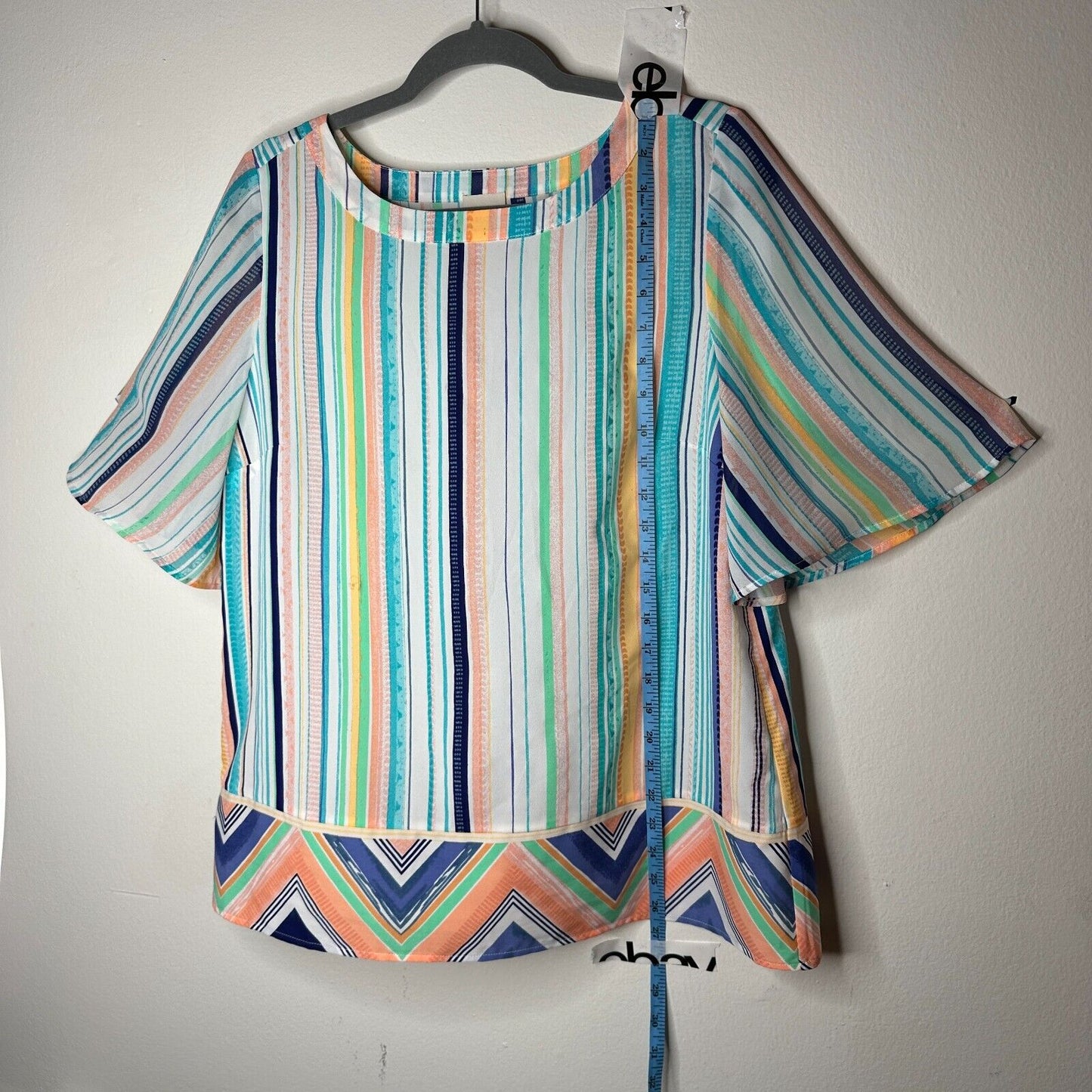 Chico's Aqua Peach and Green White Aztec Striped Boxy Blouse Short Sleeve 1