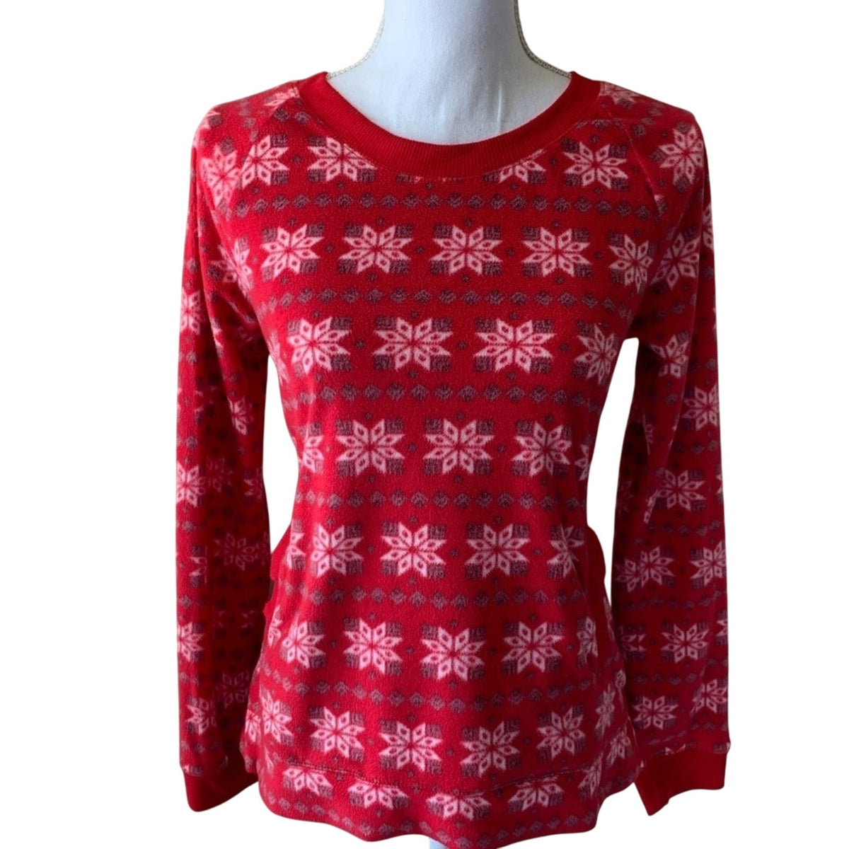 Red & White Fuzzy Snowflake Ugly Holiday Christmas Sweater Front Pockets Small