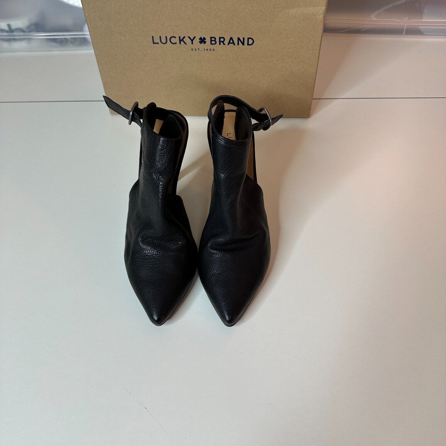 RARE Lucky Brand Ibiza Jet Black Pointed Toe Leather Ankle Strap Stiletto 7.5