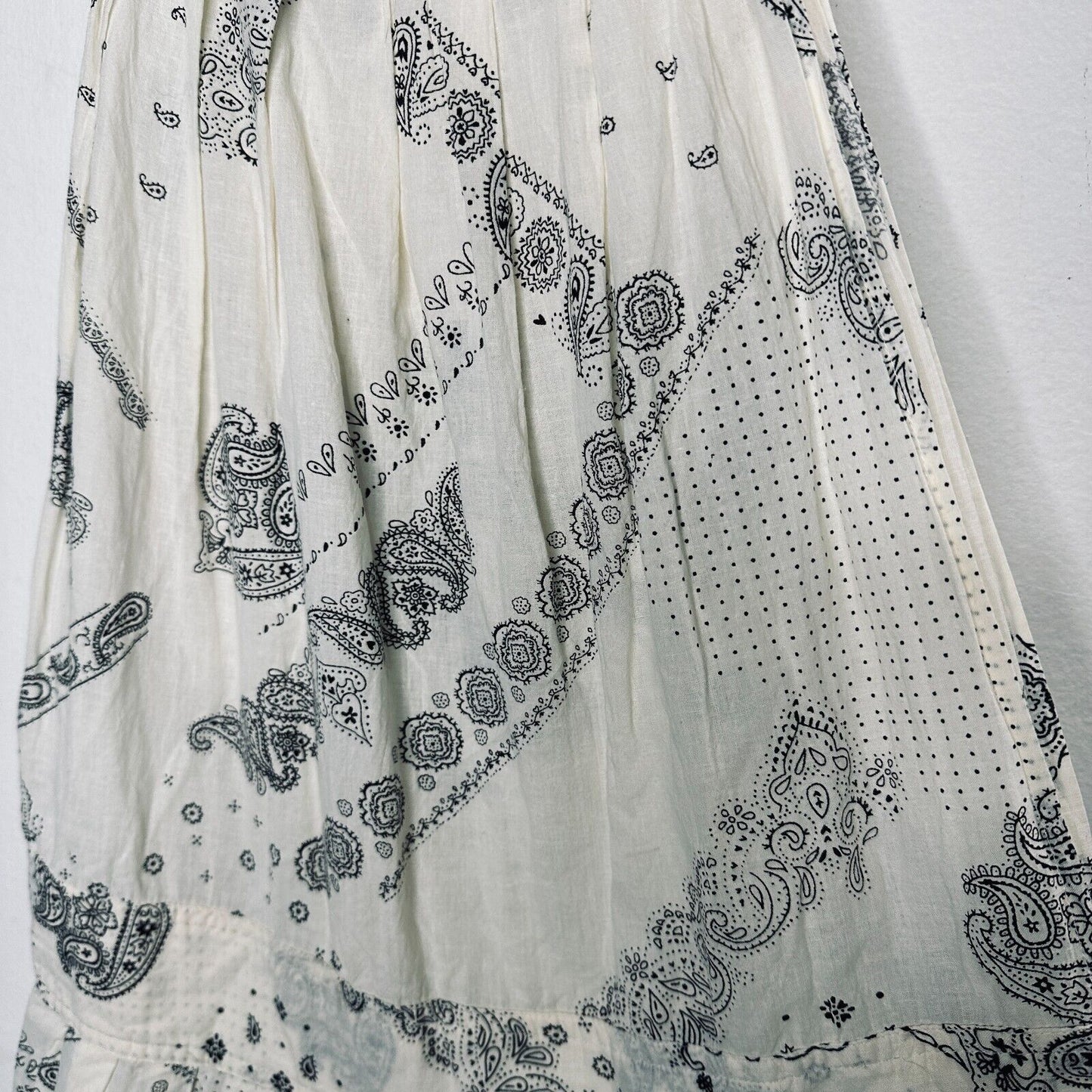 Anthro Cream Black Scarf Print Ruffle Spaghetti Strap Pleated Flowy Dress Med