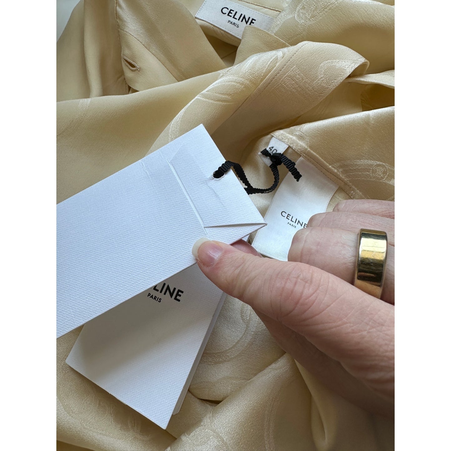 NWT Celine Pale Yellow Chemise Boyfriend Lavallieri Silk Chain Blouse 40 / L