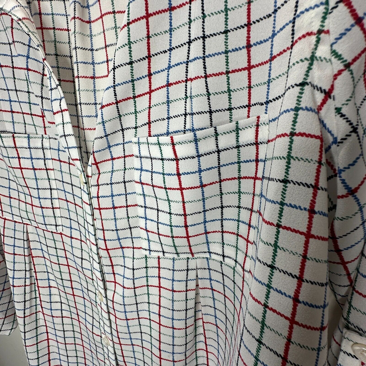 Joie White Red Blue Black & Green Plaid Front Button Pockets Long Sleeve Shirt L
