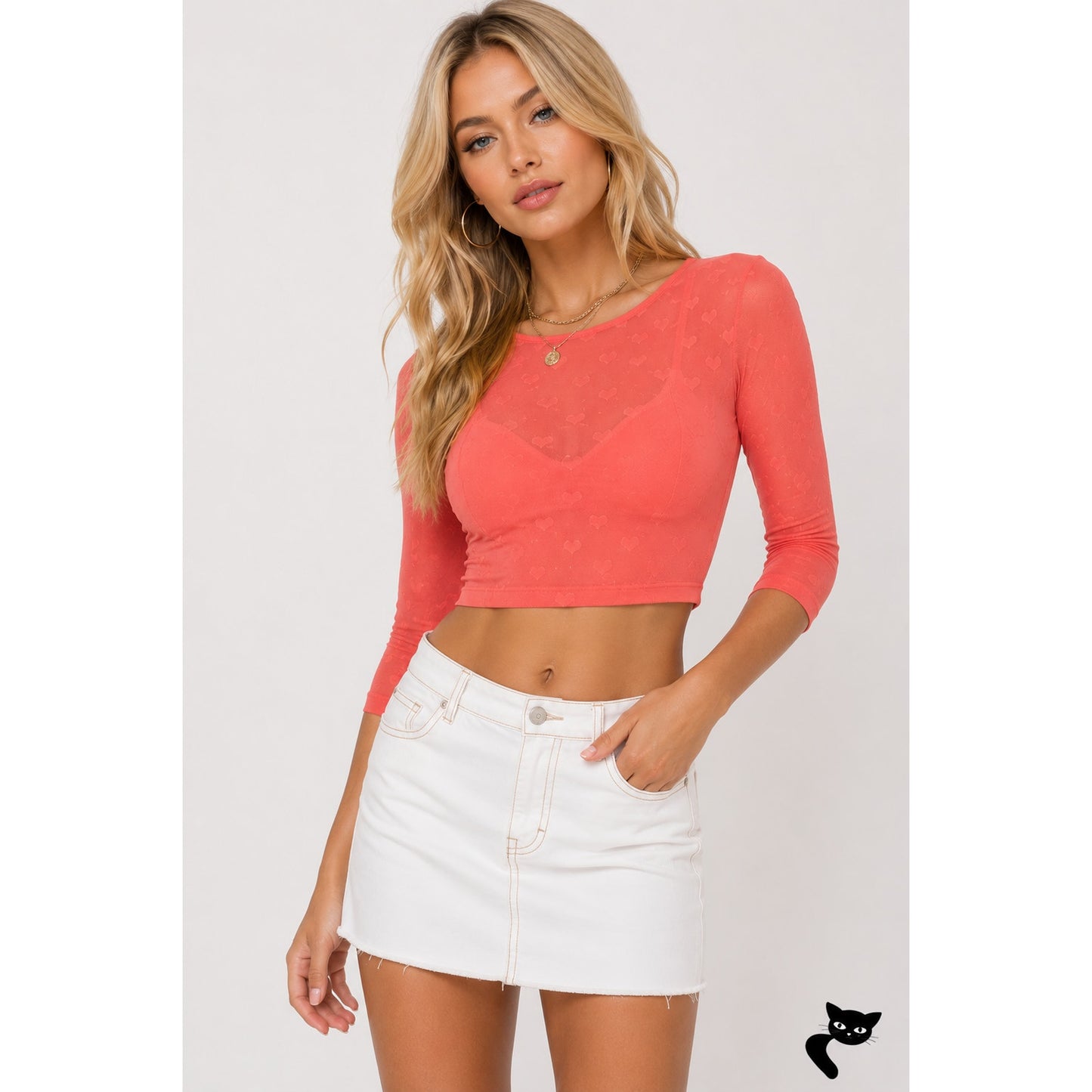 NWT Cute Peach Coral Sheer Heart Design Crop Top Blouse 3/4 sleeve Medium
