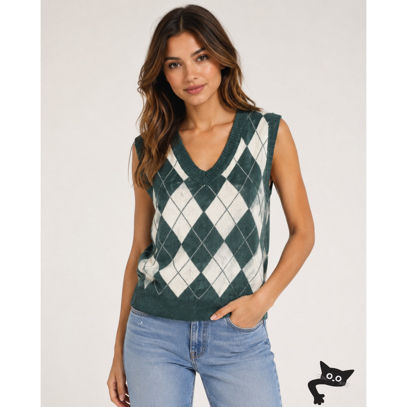 Sugar Muted Sage Green White Cream Argyle VNeck Sweater Vest